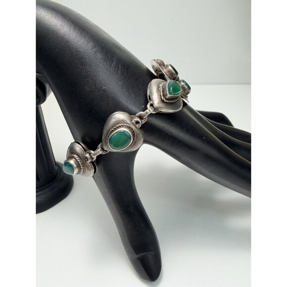 Vintage Sterling Silver Green Chalcedony Bracelet 7.5” Mexican Art Deco Style - Picture 3 of 14